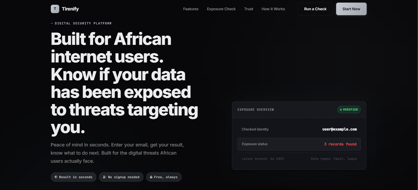 Tirenify homepage — digital security for African internet users